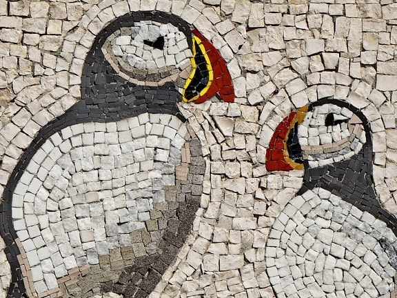 art, mosaic, penguin, surface, pattern, stone, old, wall