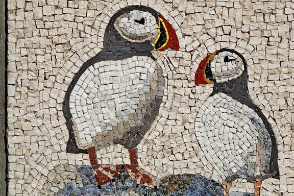 seni, burung, penguin, tekstur, dinding, lama, batu, mosaik