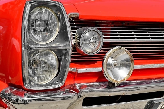 metallic, red, shining, vehicle, front, classic, drive, headlight