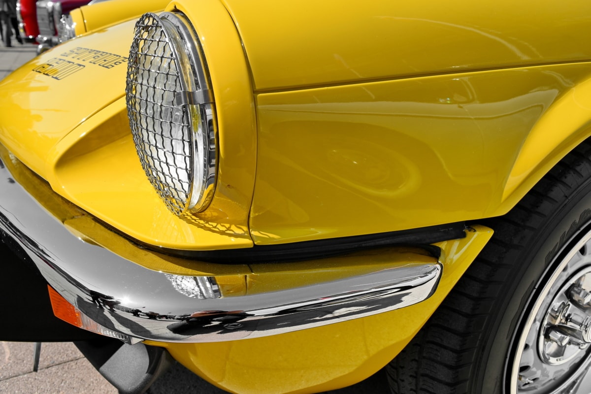 metallic, yellow, car, barrier, automobile, vehicle, headlight, chrome