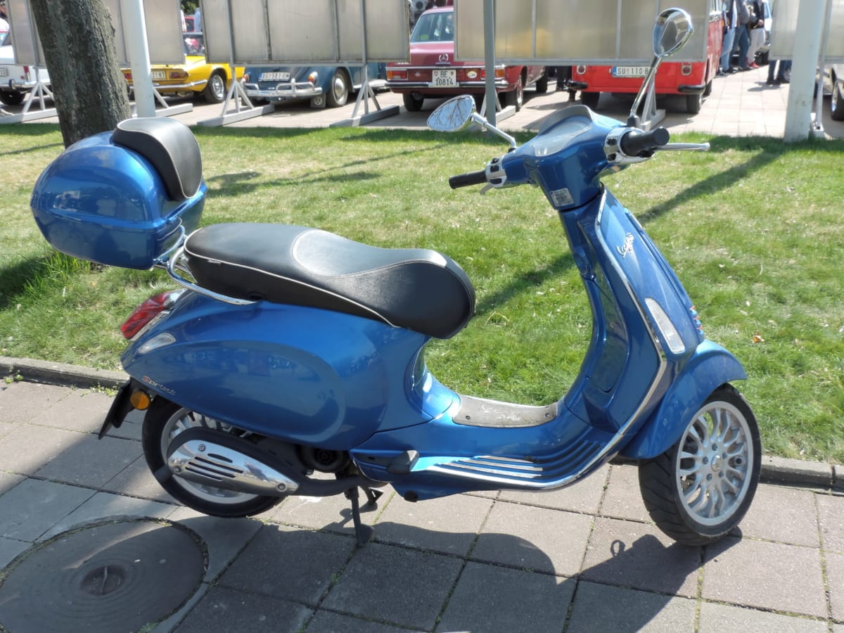 azul, diseño, Italia, motos, porción del estacionamiento, vespa, bicicleta, competencia