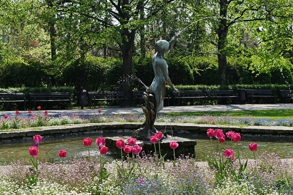 bronz, fontána, zahrada, sochařství, parku, socha, květ, strom