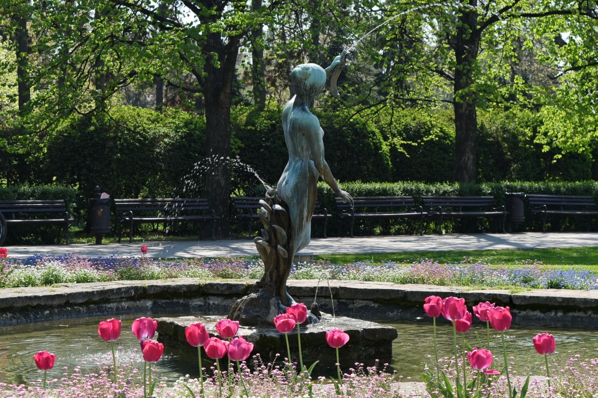 art, bronze, fountain, sculpture, tourist attraction, tulips, statue, flower