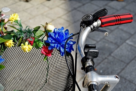basket, bicycle, flowers, gearshift, romantic, steering wheel, flower, outdoors