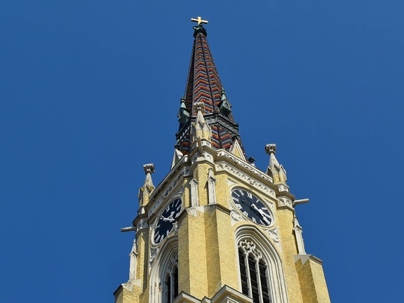 church tower, gothic, perspective, covering, tower, clock, architecture, building