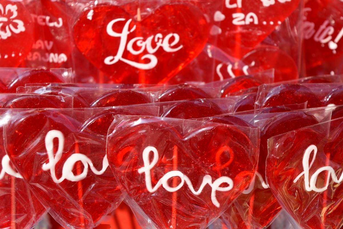 cukrík, želatína, srdce, láska, červená, text, Deň svätého Valentína, balík