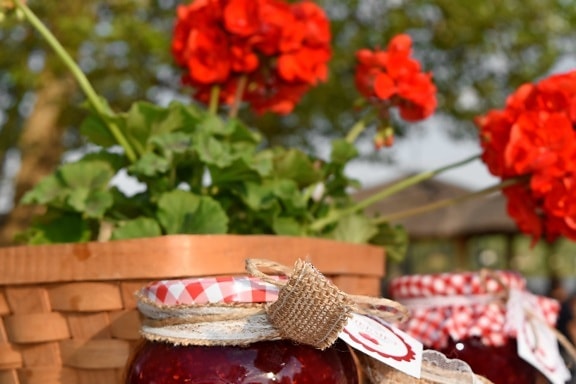 jam, jar, still life, wicker basket, flower, outdoors, leaf, decoration
