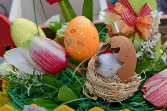 dekorace, dary, zátiší, Velikonoce, Koš, Příroda, vajíčko, list