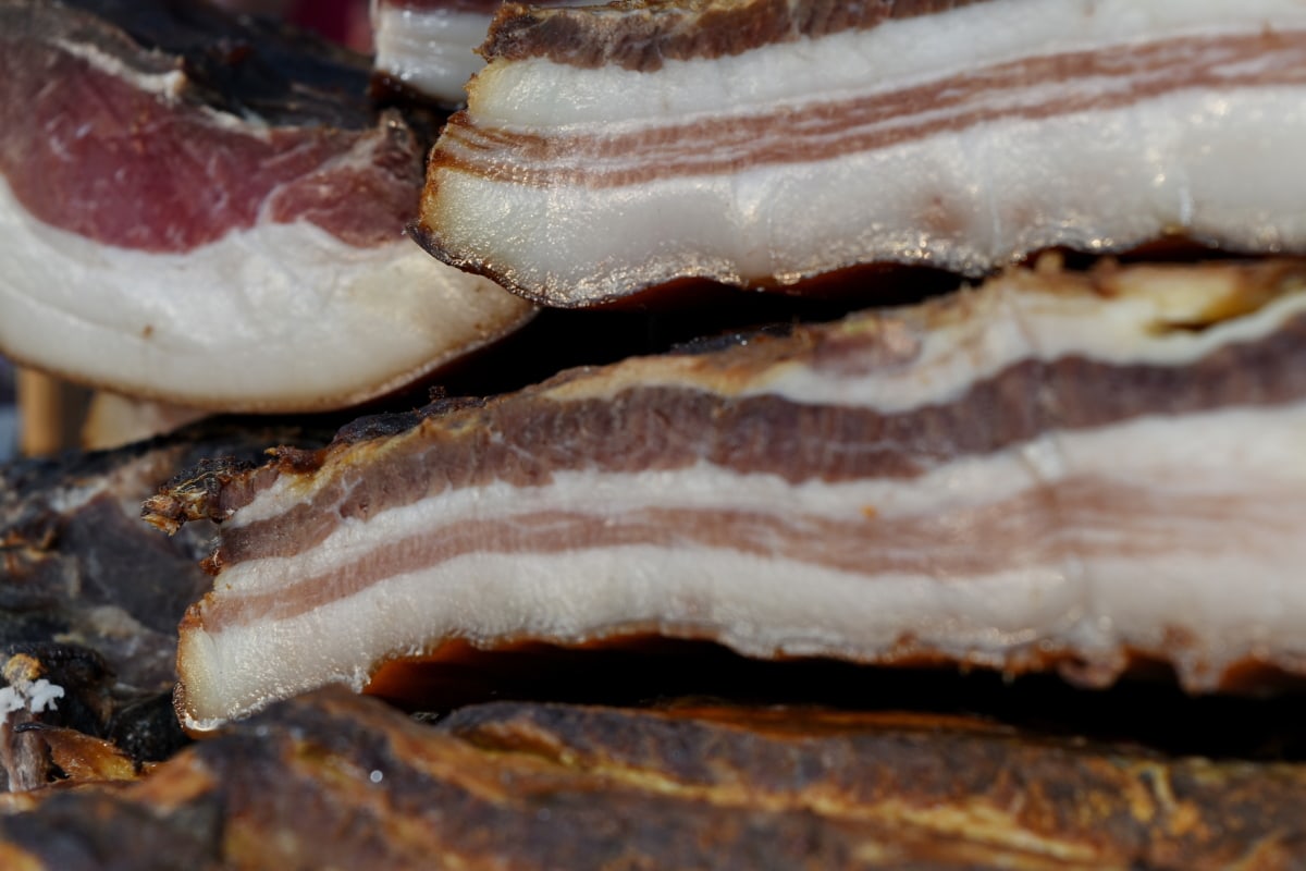 bacon, dry, handmade, pork, delicious, food, upclose, cooking