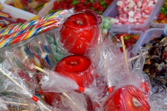 apple, candy, shop, food, color, glass, plastic, sugar