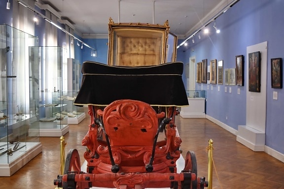 art, carriage, museum, old fashioned, indoors, furniture, room, inside