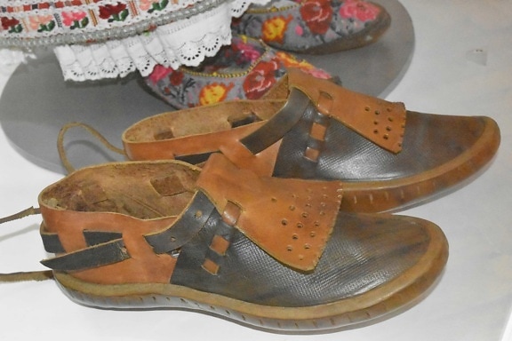 antiquity, museum, sandal, leather, pair, footwear, shoe, covering
