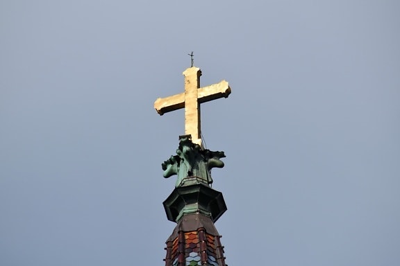 cross, gold, religion, architecture, sculpture, church, daylight, outdoors, spirituality, tower