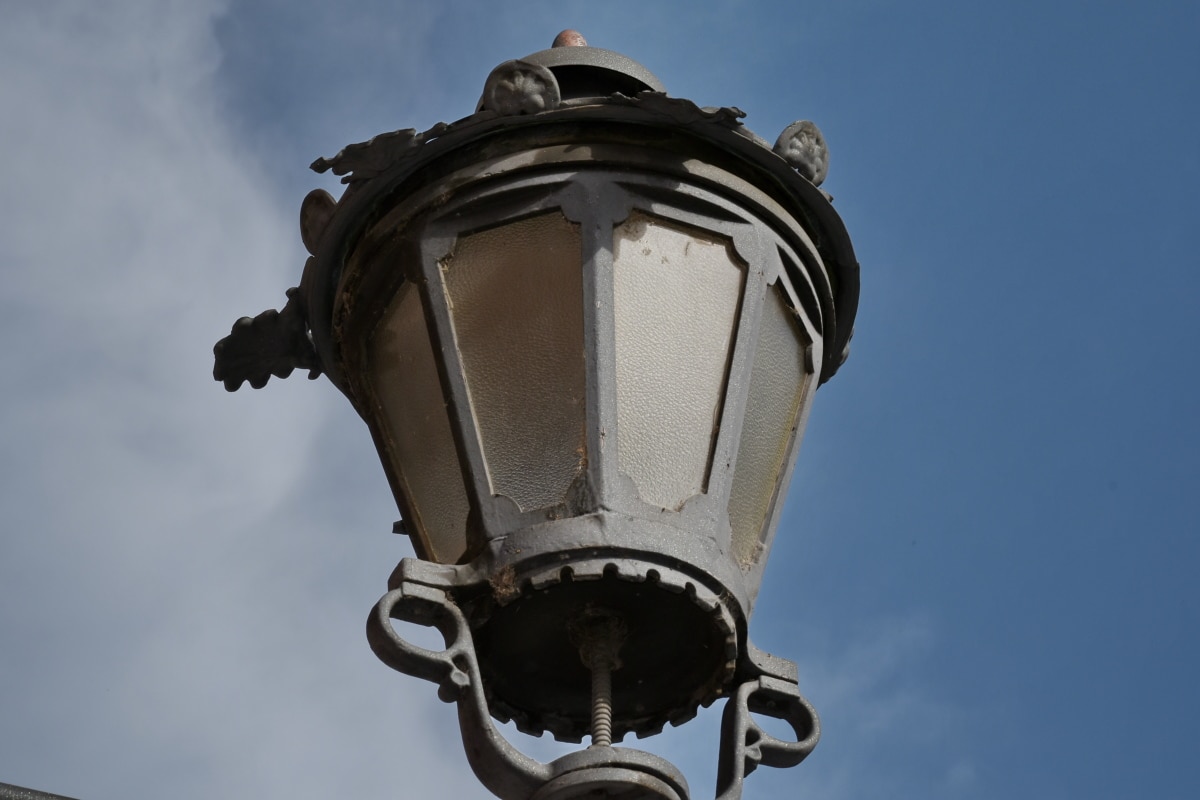 blue sky, daylight, lamp, device, outdoors, architecture, lantern, iron, old, street