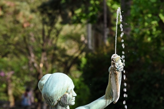 bronze, fish, fountain, park, statue, woman, nature, garden, flower, outdoors