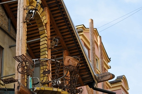 balkon, pagar, buatan tangan, arsitektur, bangunan, lama, rumah, kayu, tradisional, konstruksi