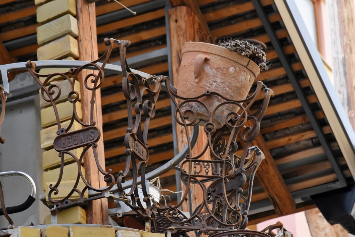 varanda, vaso de flor, feito à mão, velho, de madeira, madeira, projeto, arquitetura, edifício, vintage