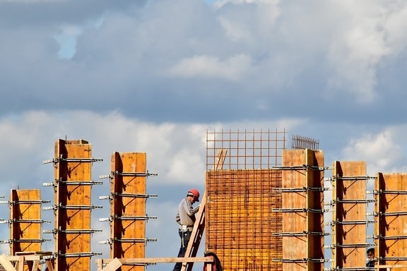 construction worker, ladder, roof, tall, worker, workman, workplace, architecture, building, skyscraper