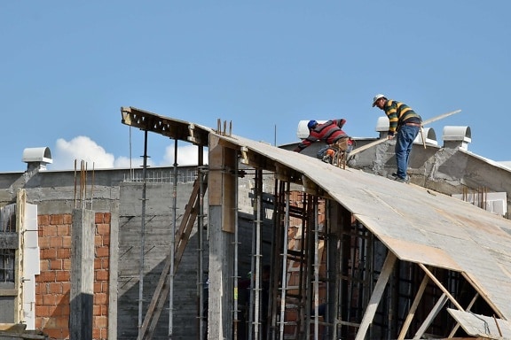 công nhân xây dựng, mái nhà, trên sân thượng, ngành công nghiệp, xây dựng, kiến trúc, ngoài trời, bậc thang, an toàn, nhà
