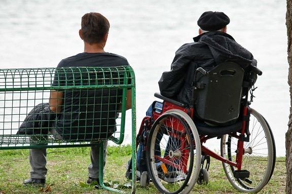 πάγκος, elderberry, άνδρες, συντροφικότητα, πρόσβαση σε αναπηρική καρέκλα, κάθισμα, έπιπλα, άτομα, άνθρωπος, σε εξωτερικούς χώρους