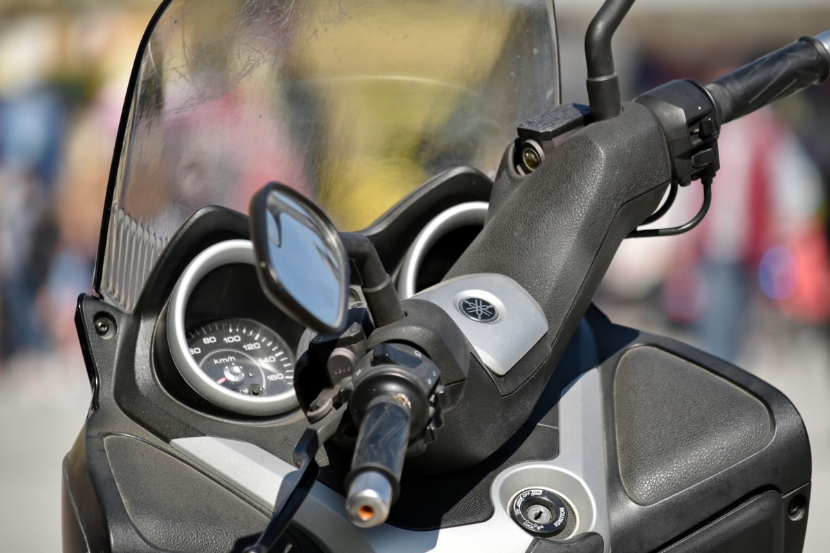 motorcycle, speedometer, steering wheel, windshield, vehicle, drive, wheel, gasoline, equipment, technology