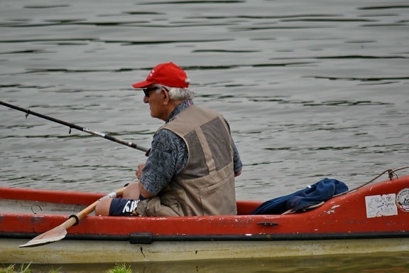 elderly, fishing boat, fishing gear, man, kayak, canoe, oar, competition, water, watercraft