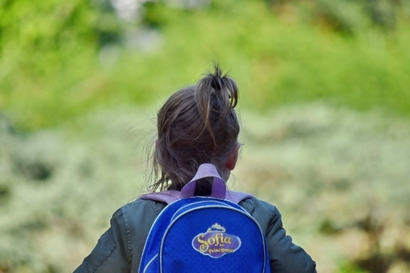 backpack, girl, school child, schoolgirl, outdoors, nature, summer, child, grass, fun