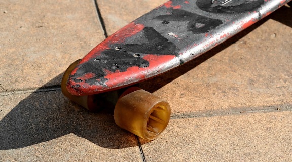 old, board, skateboard, industry, street, pavement, wood, outdoors, rust, dirty
