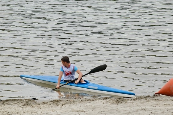 athlete, canoe, riverbank, oar, kayak, device, water, paddle, beach, leisure