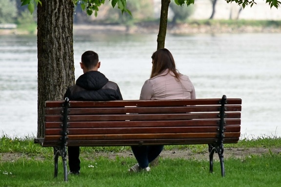 bench, boyfriend, girlfriend, riverbank, togetherness, seat, furniture, outdoors, leisure, water