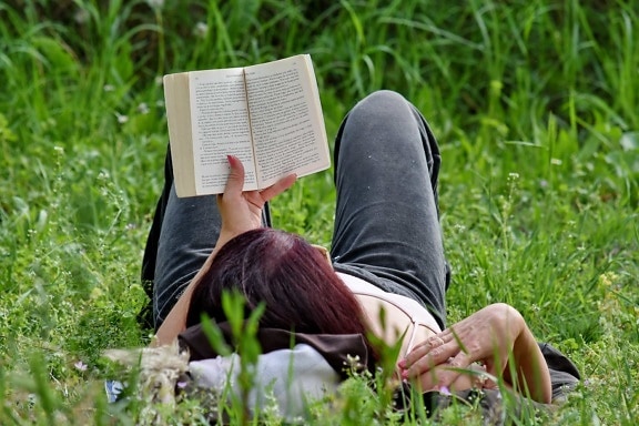 book, reading, relaxation, spring time, woman, person, park, farmer, outdoors, grass