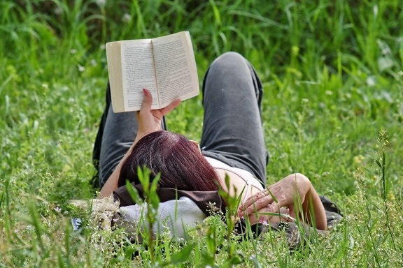 book, grass, reading, relaxation, summer, woman, park, person, nature, outdoors