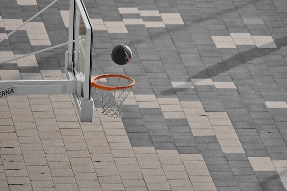 ball, basketball court, patio, area, structure, pavement, street, empty, urban, asphalt