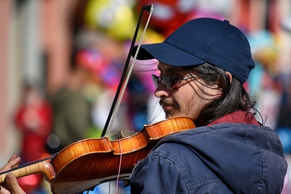 ochelari de vedere, Festivalul, pălărie, muzician, strada, vioara, Instrumentul, juca, muzicale, chitara
