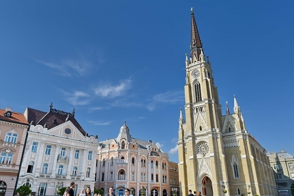 Църквата кула, в центъра, туристическа атракция, архитектура, фасада, сграда, църква, катедрала, град, на открито