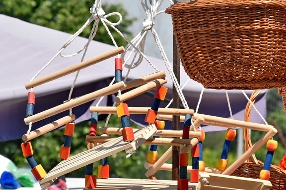 swing, toyshop, wicker basket, wood, outdoors, wooden, basket, summer, nature, traditional