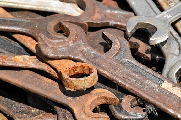 vidlicový kľúč, hrdza, staré, oceľ, železo, priemysel, časť, špinavé, zväčšenie, metalíza