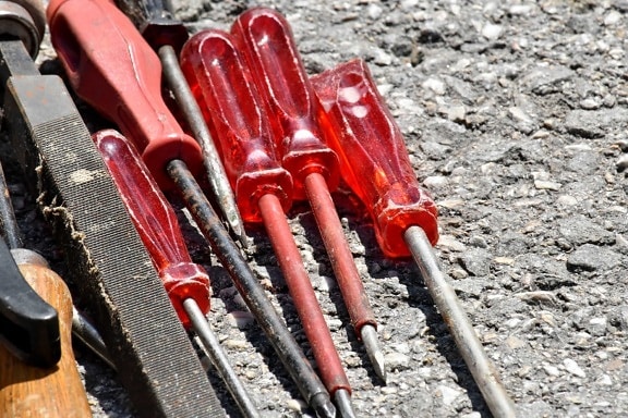 screwdriver, hand tool, iron, steel, old, outdoors, industry, tool, equipment, wood