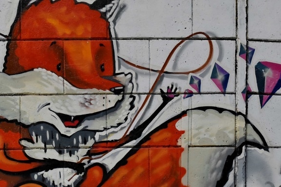 kreslené, graffiti, ilustrace, liška obecná, vandalismus, dekorace, umění, zeď, malba, špinavý