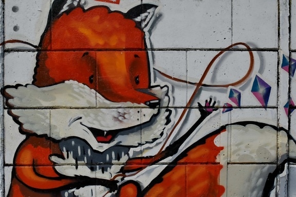Airbrush, decoratie, graffiti, illustratie, rode vos, kunst, vandalisme, muur, oude, vuile
