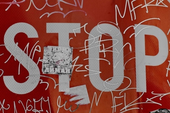 attention, sign, stop, vandalism, graffiti, decoration, design, symbol, pattern, texture