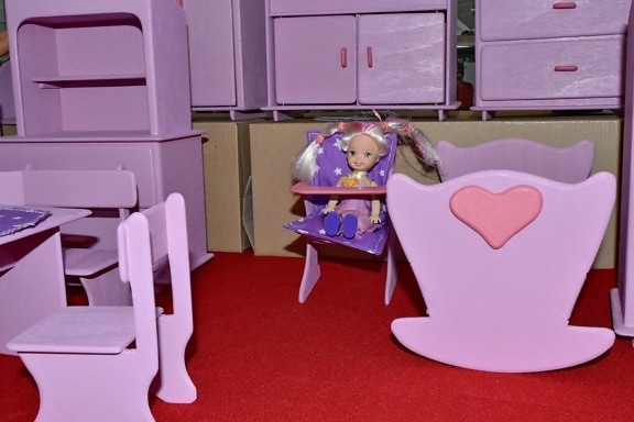 doll, miniature, pink, toys, wooden, furniture, room, seat, chair, indoors