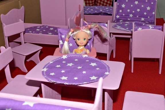 blonde hair, doll, furniture, handmade, miniature, chair, seat, table, room, indoors