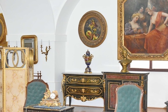 baroque, fine arts, antique, furniture, interior, interior design, painting, mirror, home, room
