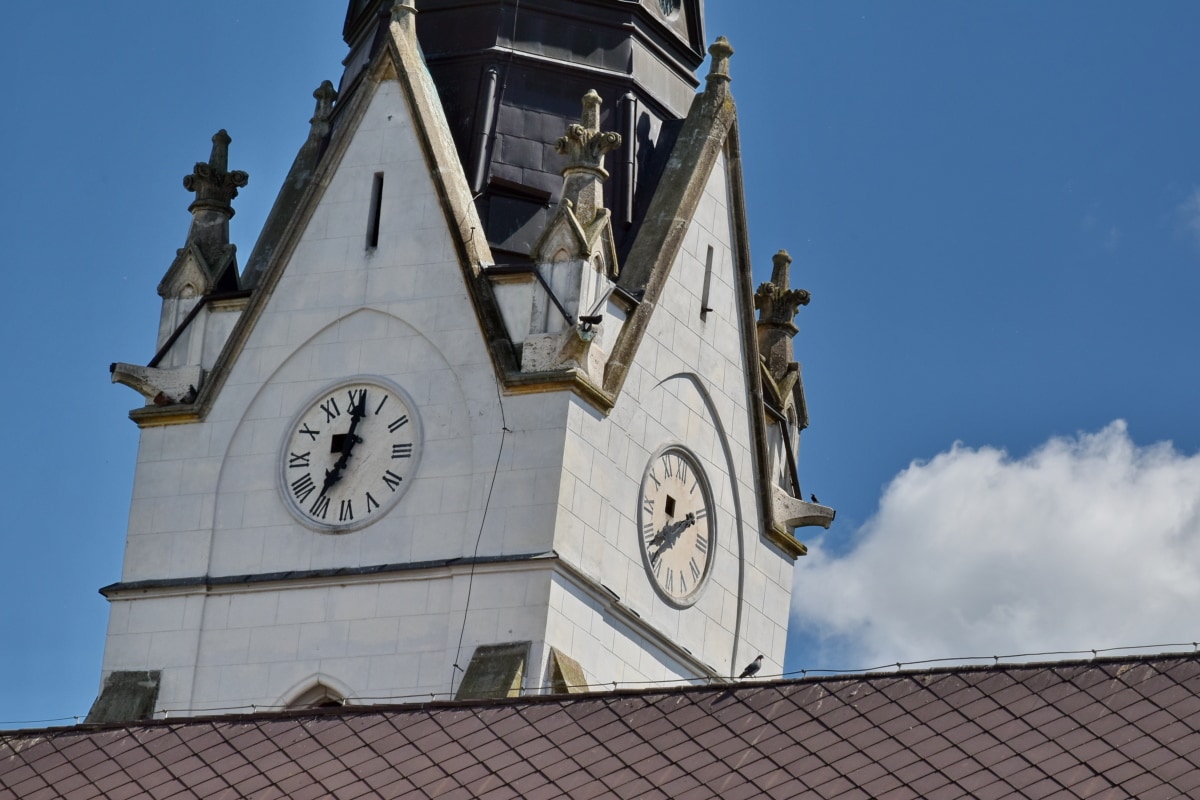 katolicki, wieża kościoła, gotyk, dachu, Wieża, Zegar analogowy, stary, zegar, architektura, Kościół