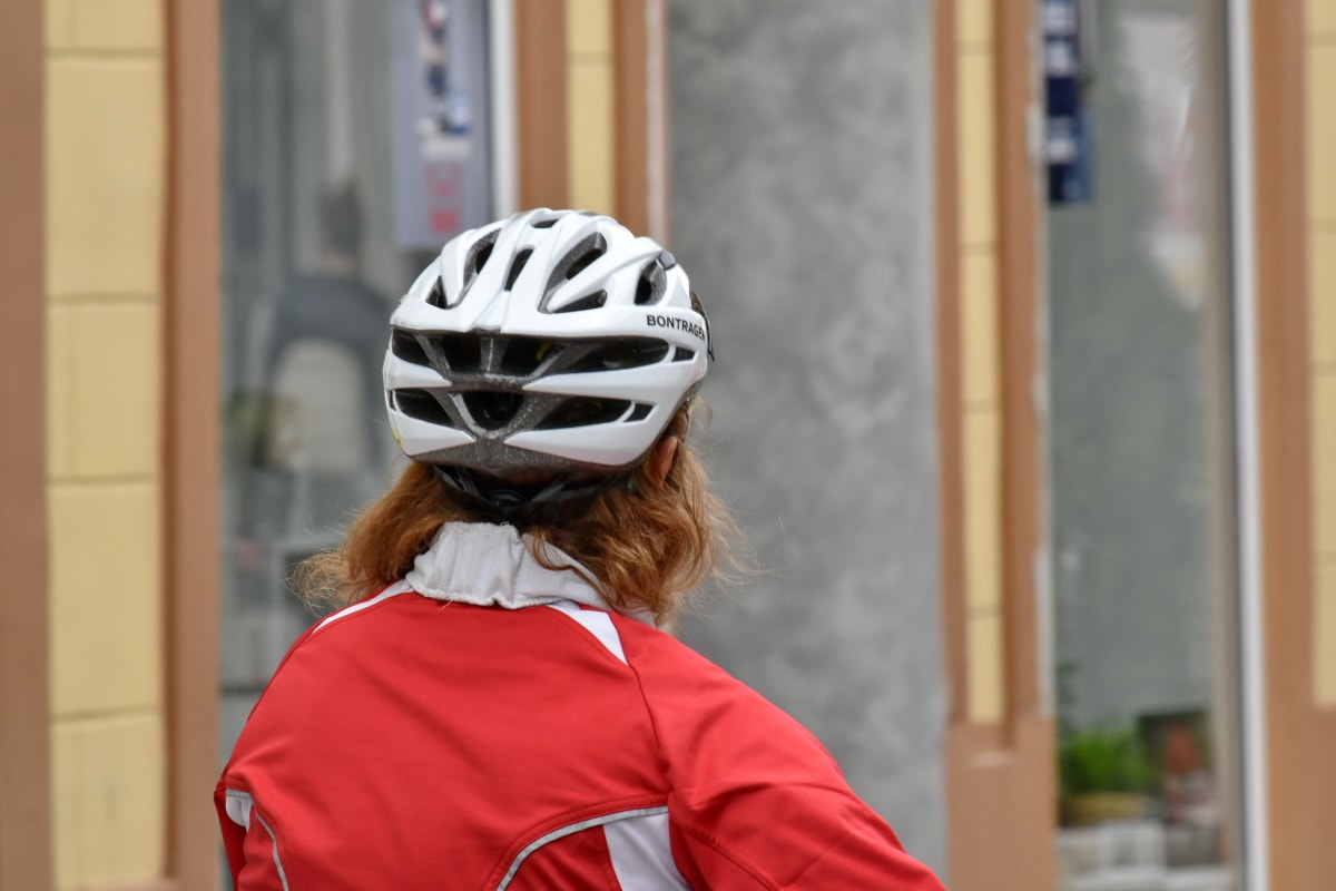 sykkel, syklist, sport, klær, hjelm, kvinne, gate, utendørs, folk, stående