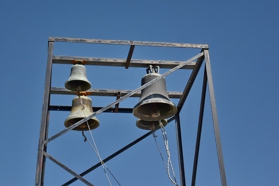 bell, bronze, cast iron, handmade, heritage, wire, high, steel, blue sky, old