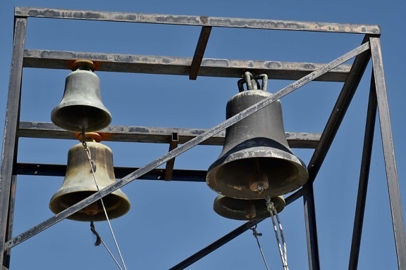 bell, blue sky, cast iron, christianity, monastery, industry, old, iron, steel, hanging