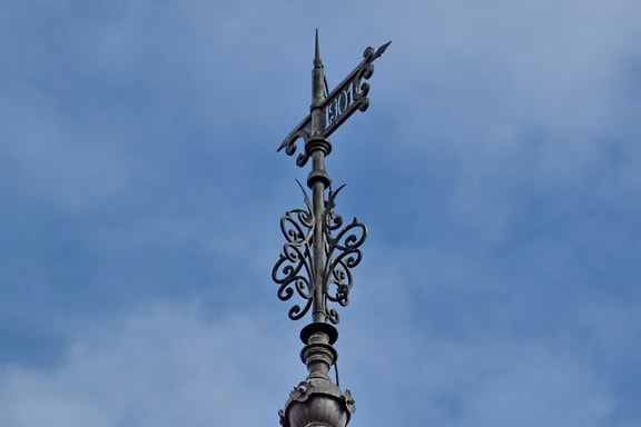 baroque, cast iron, detail, handmade, outdoors, architecture, blue sky, vertical, old, wind