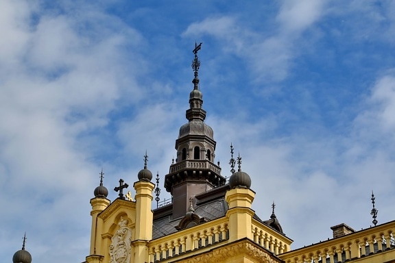 blue sky, handmade, tower, building, dome, architecture, old, outdoors, city, ancient